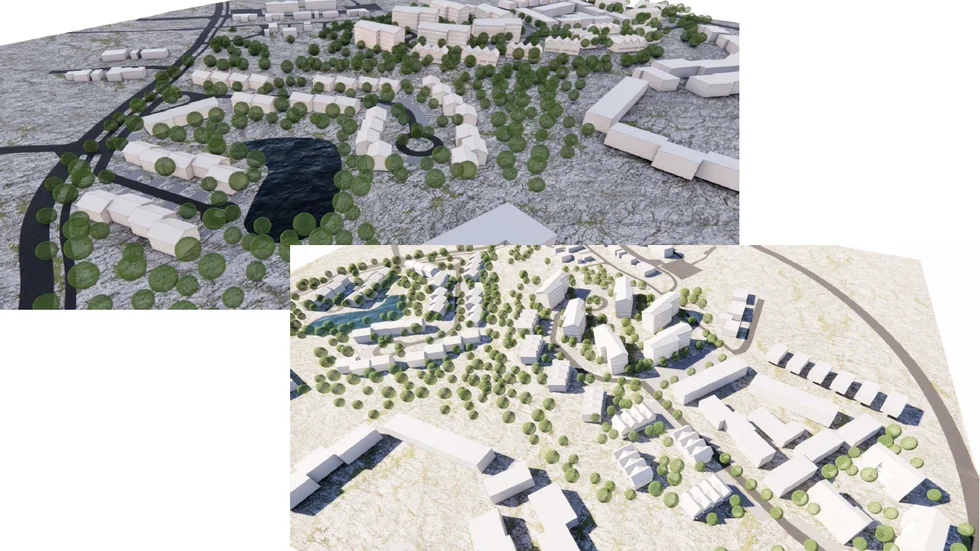 Detaljplanen innefattar radhus och flerbostadshus i olika upplåtelseformer. Detaljplanen planeras att gå ut på samråd runt årsskiftet och enligt den preliminära tidplanen beräknas den vinna laga kraft början på 2024. Till höger syns den bågformade Folkparksvägen, till vänster Vattentornsvägen. 