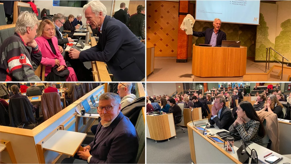 Kommunalrådet Reidar Svedahl (L) med Catharina Roos, vice ordförande i Rättvisa Vindar, och med delar från ett vindkraftverk. Nils Ringborg är Holmens talesperson i vindkraftprojektet. Olle Vikmång (S) ville se en miljöprövning.