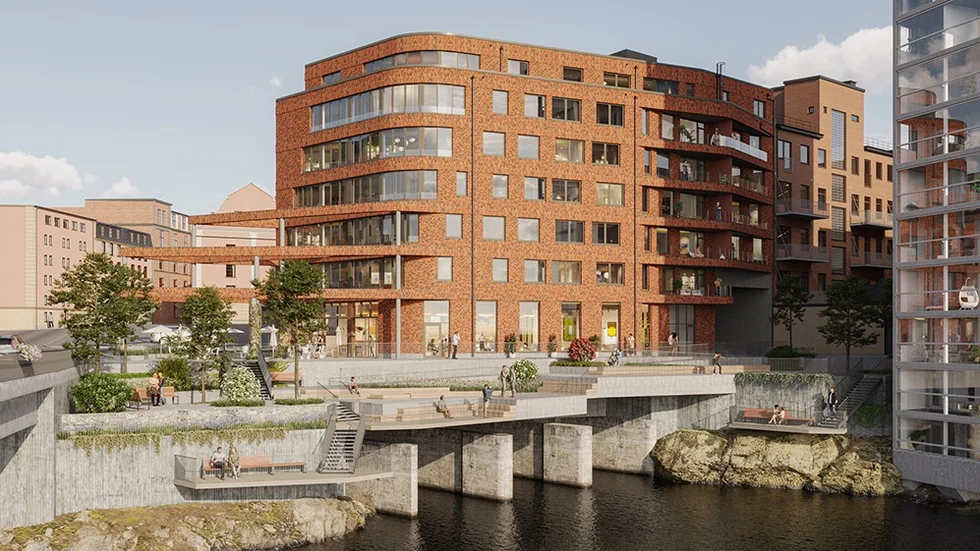 Parken i kvarteret Kroken, vid husen Yllefabriken (till höger) och Kardan (i brunt tegel).