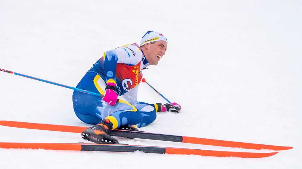 Calle Halfvarsson efter 10 kilometer klassiskt i Oberstdorf.