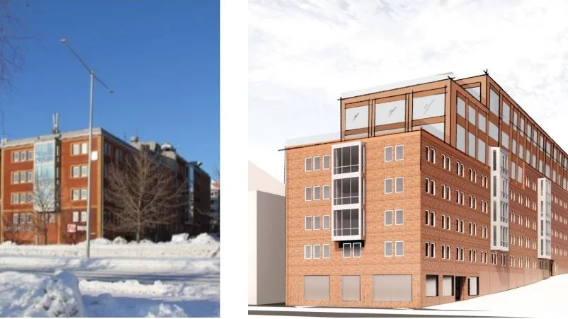 Fackföreningarnas hus på Nygatan, före och efter påbyggnad med tre våningar kontorslokaler.