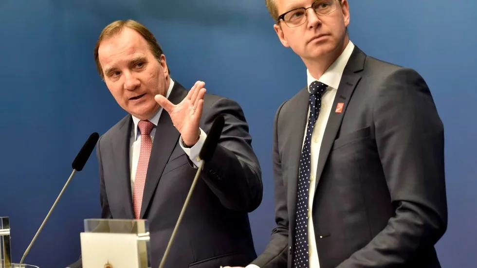 Politik. Statsminister Stefan Löfven (S) och näringsminister Mikael Damberg (S) presenterar den "näringspolitiska offensiven".