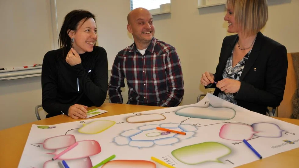 Annorlunda undersökning. Anna Bodjo, dialogledare, Marcus Harrysson, ansvarig för kommunens ungdomsråd och Lotti Jilsmo, landsbygdsutvecklare vid det "frågeformulär" som ska användas vid dialogen med ungdomarna.