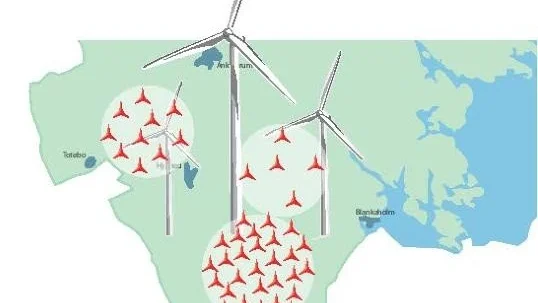 Här är de tre planeade vindkraftsparkerna i södra Västerviks kommun. Överst Lebo med fem vindkraftverk, Lervik med tio och längst i söder Tribbhult med upp till 40 vindkraftverk, 230 meter höga. 
Illustration: Ola Pettersson
