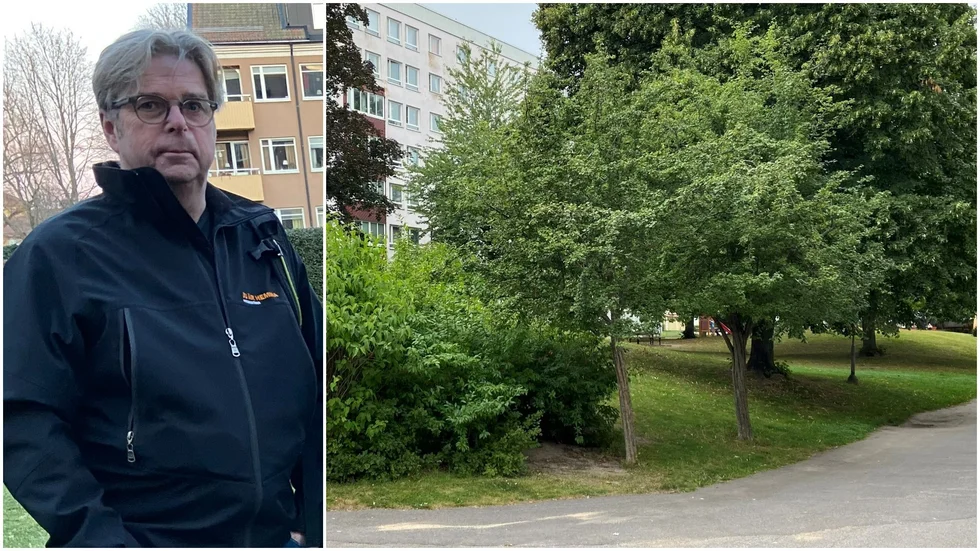 Tomas Lindquist, stadsutvecklare hos Hyresbostäder i Norrköping. Till höger ses det omskrivna området i stadsdelen Marielund.