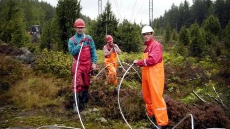 Maris Pasulis, Juris Lazdins och Ainars Birznieks hör till specialisterna från Lettland som utför ledningsarbetet genom delar av Västerviks kommun. De byter ut topplinan som också är jordledning eller "nollan" på elektrikerspråk.