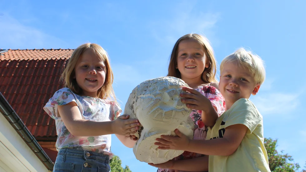 Astrid, 8, Josefin, 10 och Sakarias, 5 fick med sig en jätteröksvamp hem - glada att det inte var en fågel bilen stannade för. 