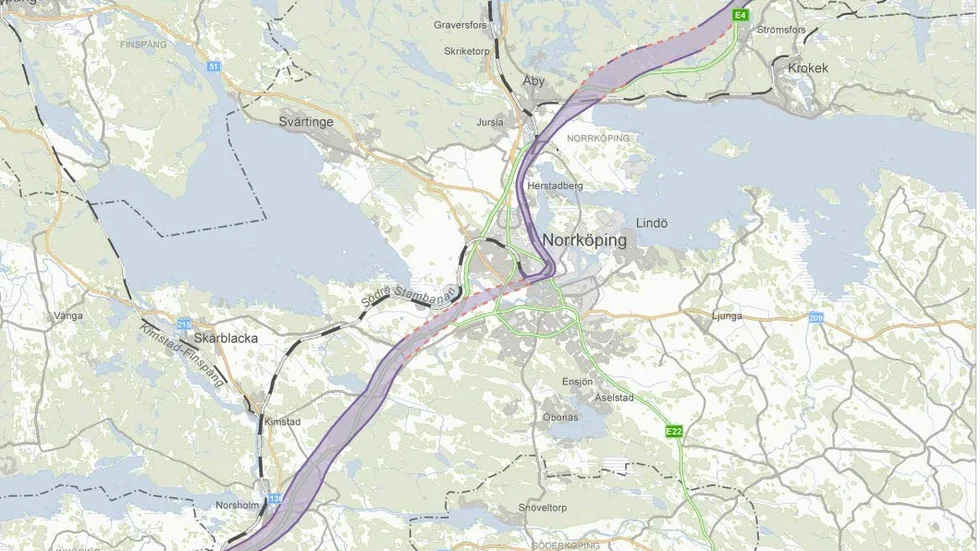 Översikt. Förslag på hur Ostlänken ska dras genom Norrköpings kommun. Nu hålls samråd om den norra och södra sträckan.