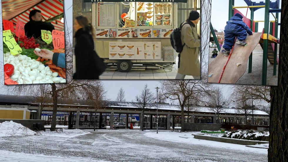 Grönsaksförsäljning, korv- och glasskiosk och en lekplats. Det föreslås i stället för det planerade bostadshuset på torget.