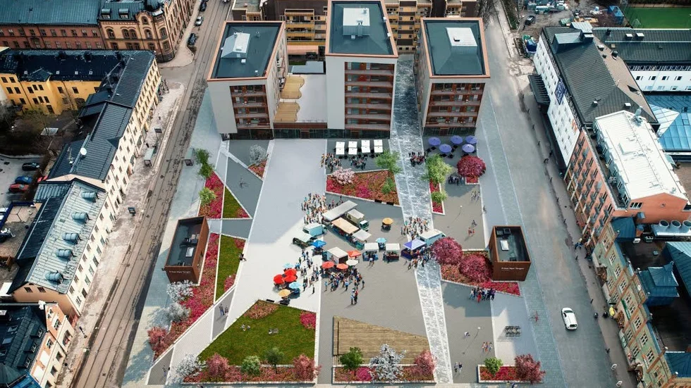 En bild av hur det färdiga Nya torget, med mer grönska, kommer att bli. Mycket är redan på plats. Den 28 augusti är det invigning.