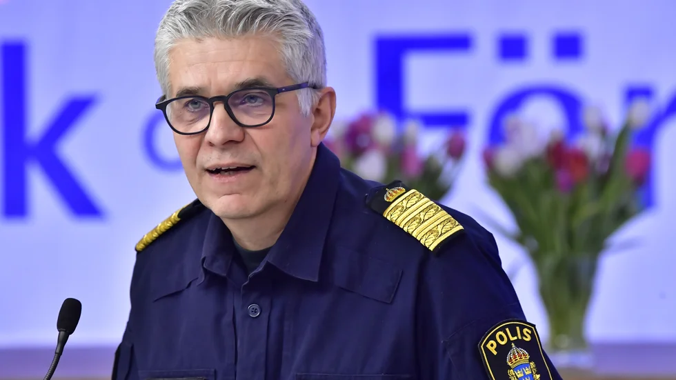 Rikspolischef Anders Thornberg talar vid Folk och försvars rikskonferens i Stockholm.