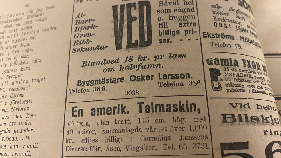 Ved och en amerikansk talmaskin - kanske någon slags fonograf? - var till salu i KK för 100 år sedan. 