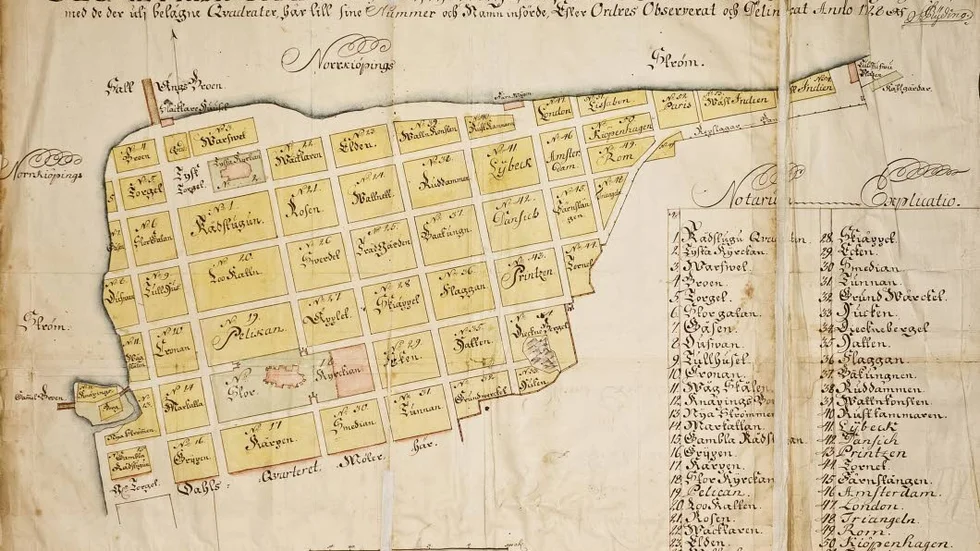 Då. Karta över kvarteren i Norrköping 1728.