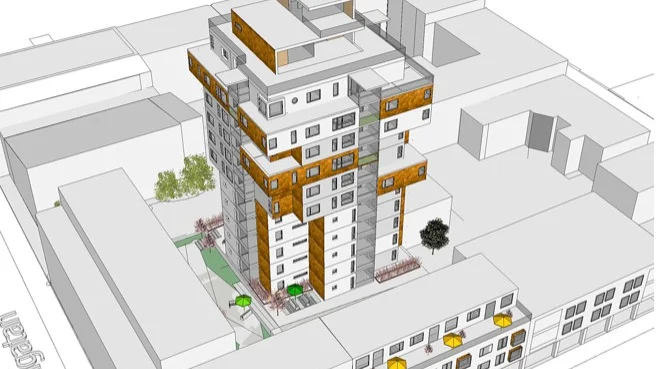 Det föreslagna huset har ojämn form med minskad byggnadsyta på de nedersta våningarna. 