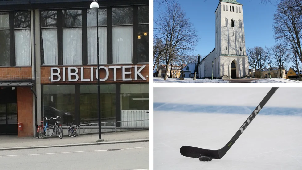 Motala bibliotek och Motala kyrka är två platser där det anordnas sportlovsaktiviteter i Motala. Hockey är en av de många sporter som finns med i det program som kommunen presenterar på sin webbsida. Bilden är ett montage. Bilderna på biblioteket och kyrkan är arkivbilder.