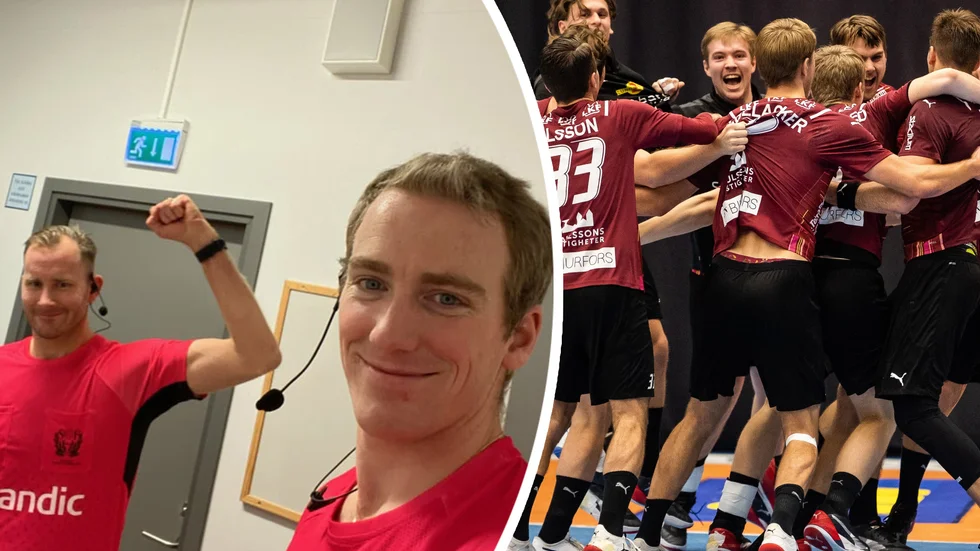 Eskilstunakillen Charlie Yvander (längst till vänster) och förre Eskilspelaren Magnus Bergman debuterade i Handbollsligan i förra veckan när Lugi besegrade Skövde.