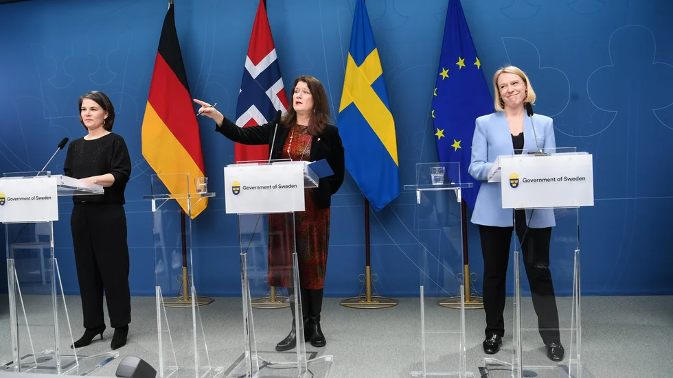 Tysklands utrikesminister Annalena Baerbock, Sveriges Ann Linde och Norges Anniken Huitfeldt i Stockholm på tisdagen.