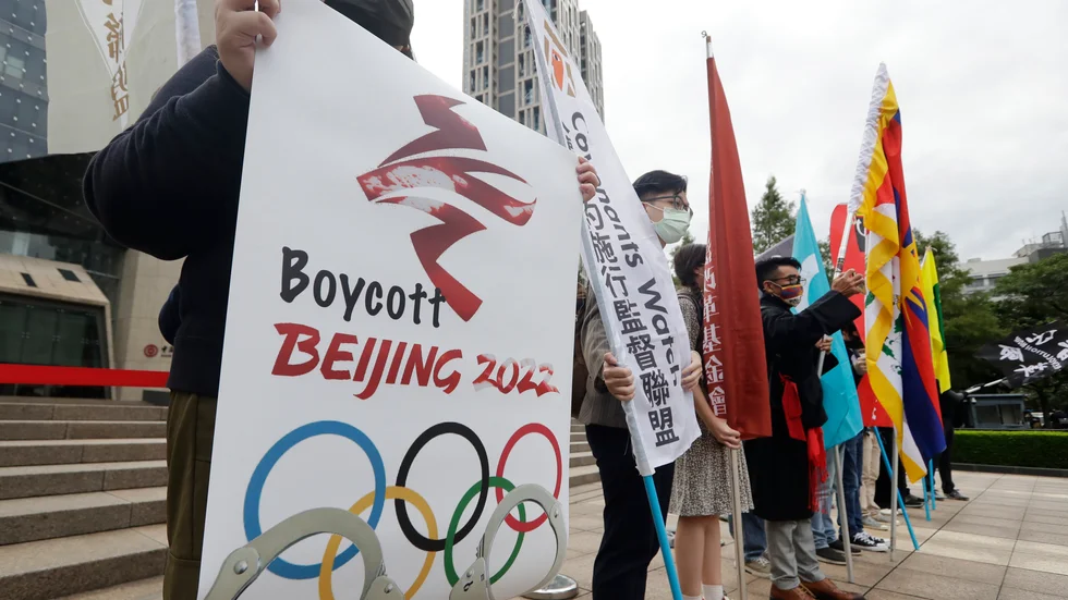 Människorättsaktivister manar till bojkott av vinter-OS i Peking vid en demonstration i Taiwan. Arkivbild.