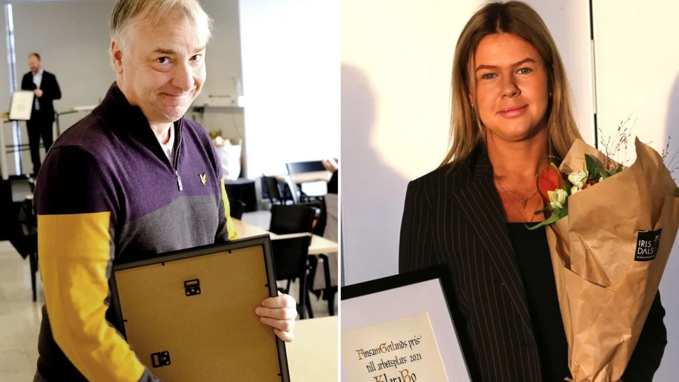 Robert Edfeldt, rektor på Dalhems skola och Elina Jörgensen på KlaraBo prisades av Finsam. 