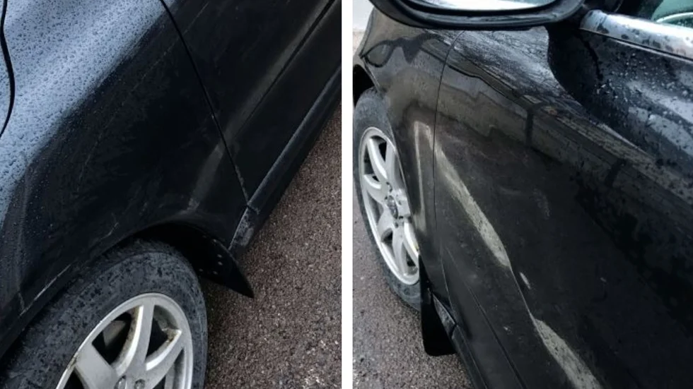 Den prejade bilen fick plåtskador. (Bilderna är hämtade ur förundersökningen.) 