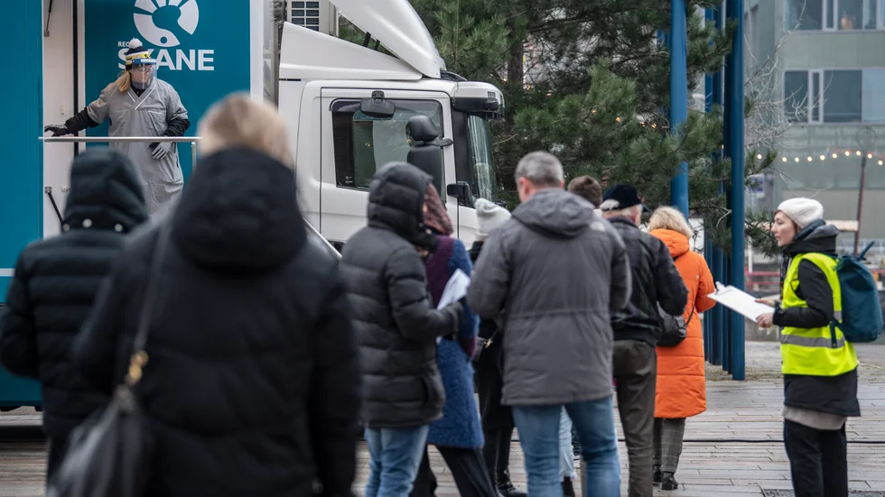Kön för vaccination i Region Skånes vaccinbuss i Malmö häromveckan.