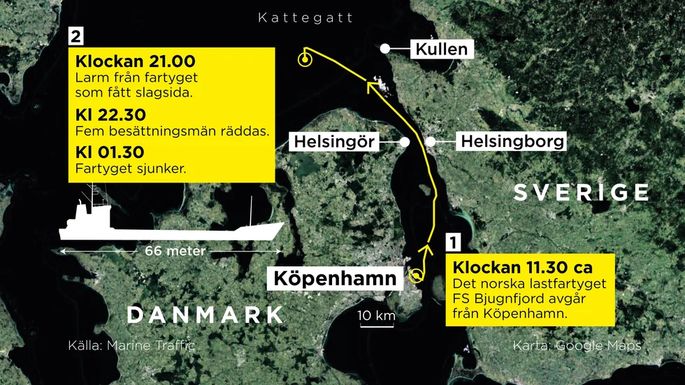 Ett norskt lastfartyg fick slagsida under torsdagskvällen och fem besättningsmän fick räddas via en helikopter. Under natten sjönk fartyget till botten.