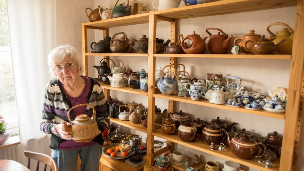 Jättesamling. Maud Johansson med sin stora samling tekannor. Den hon håller i är den första hon fick 1956, en present från svärföräldrarna.