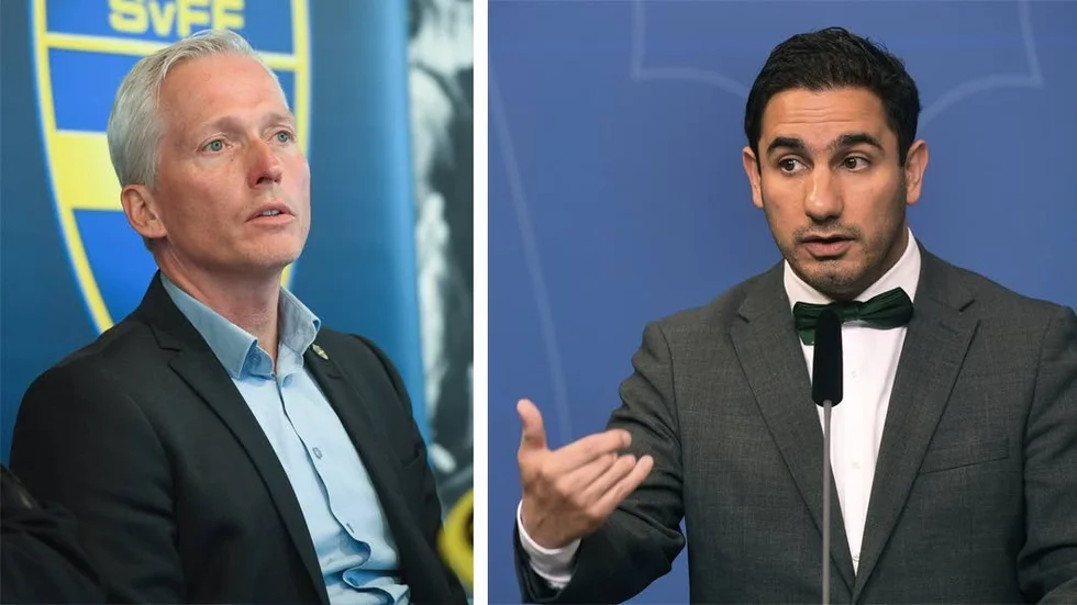 Håkan Sjöstrand, generalsekreterare Svenska Fotbollförbundet, och Ardalan Shekarabi, civilminister.