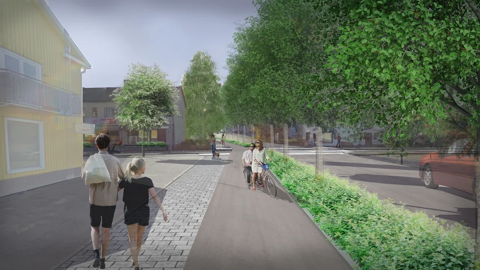 Här är en skiss på hur Vasabrogatan kan se ut. Det är gatan som går utanför Coop och mot busstationen. Illustration: Malin Winblad, Skellefteå kommunen.