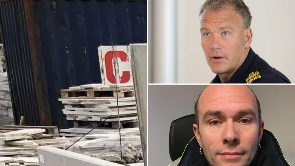 Mats Östman, vid polisen på Gotland, och Oskar Broström, företagaren, om att containern stulits. 