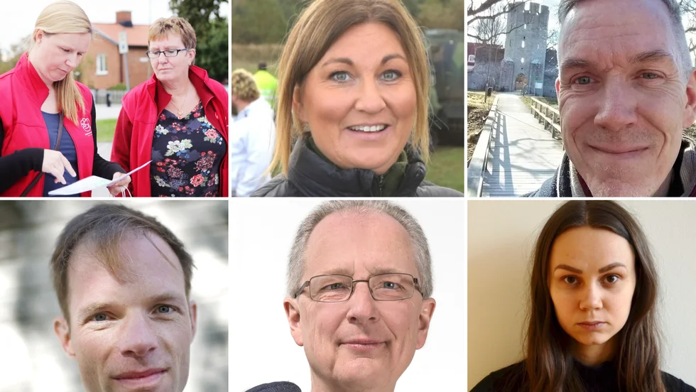 Charlotta Andersson (S), t.v, Åsa Wackelin (M), Magnus Bergström (C), Armin Scholler (MP), Leiph Berggren (L) och Gubb Marit Stigson (Fi) är alla anställda som politiska sekreterare.