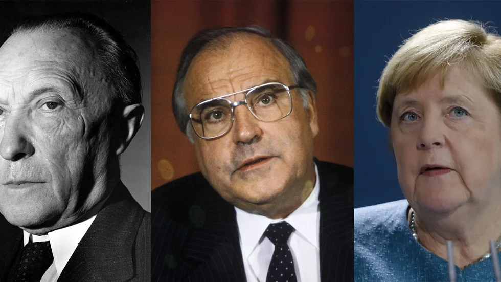 Långvariga förbundskanslerer. Från vänster till höger Konrad Adenauer, Helmut Kohl, Angela Merkel. Arkivbild/Montage.