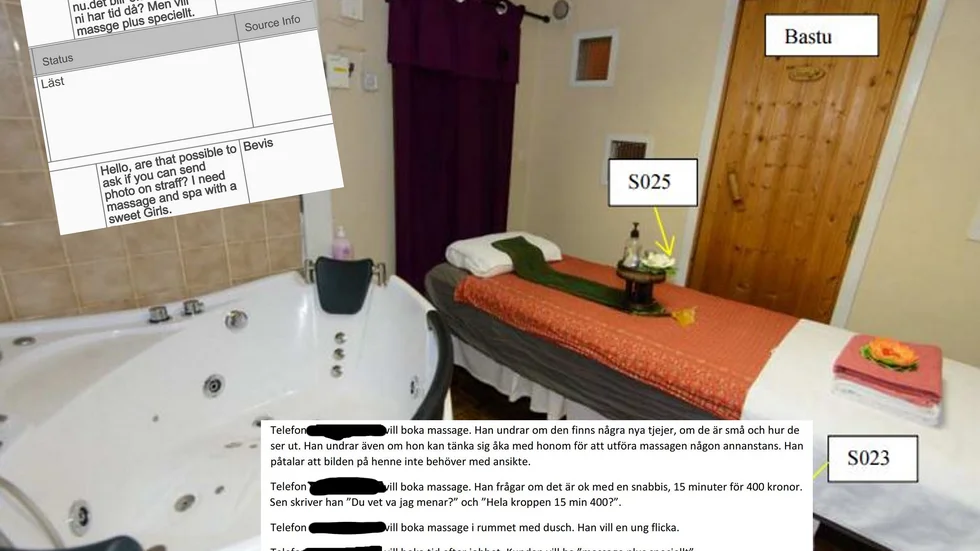 Hundratals män har besökt massagesalongen som är utrustad med bland annat bastu och bubbelpool. SMS-konversationer med männen ingår i bevisningen. På två platser i rummet hittades sperma.