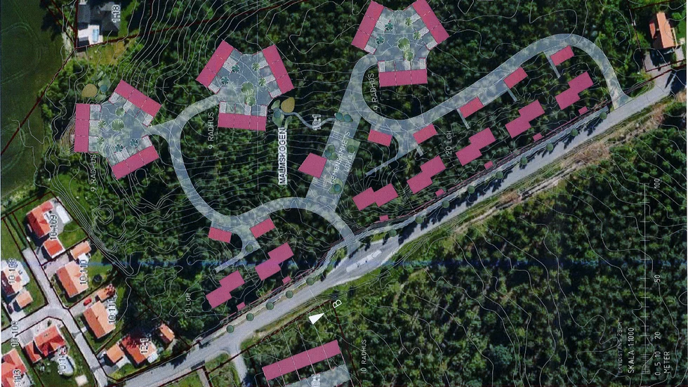 Riksbyggen vill bygga 40 radhus och 30 lägenheter vid Långängsvägen i Tallboda.