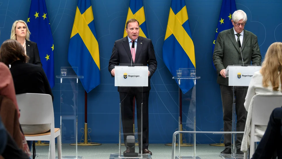 Socialminister Lena Hallengren (S), statsminister Stefan Löfven (S) och Johan Carlson, generaldirektör för Folkhälsomyndigheten, höll en presskonferens under torsdagen.