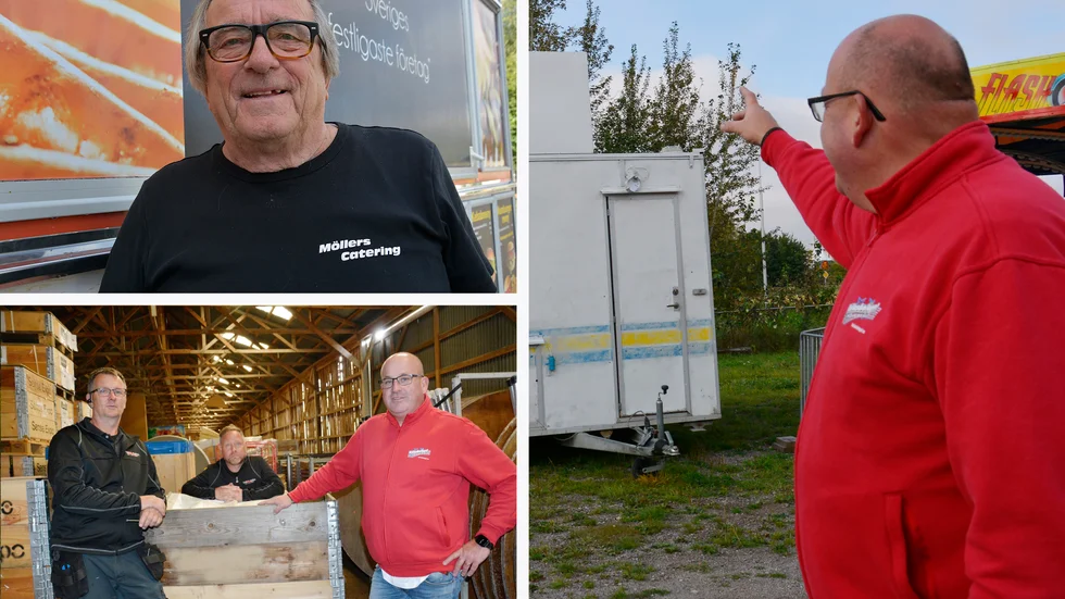 Rolf Möller, överst, tänker fortsätta att jobba med mat på hjul, trots att företaget är sålt. I Hogstad fyller lastpallarna med tältdukar och bord redan en del av den stora lagerhallen, från vänster de nya ägarna Fegge Johansson, Matte Lundh och Calle Petrovic.