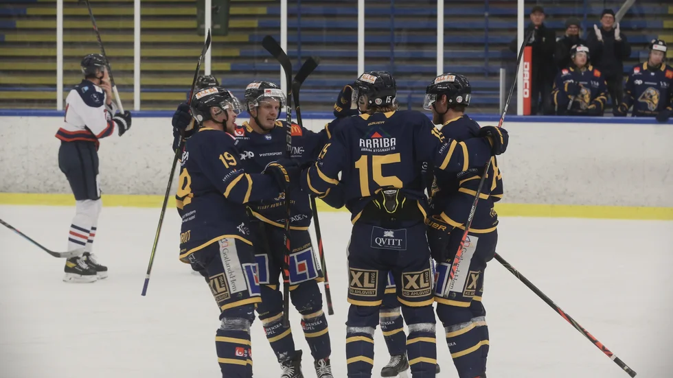 Visby Roma firar 5-1 målet signerat Hampus Falk.