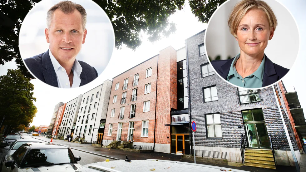 "Försäljningen till Nyfosa AB är en av de största transaktionerna på den svenska fastighetsmarknaden i år", säger Johan Eriksson, Estea. På bild Stina Lindh Hök, Nyfosa, och fastigheten Namnsdagen 1.
