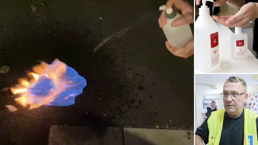 Här brinner handspriten. Per Gustafsson och hans kollega testade att elda handsprit. Det tog eld direkt. "Jag tror inte att så många tänker på att handsprit brinner väldigt bra", säger Per Gustafsson.