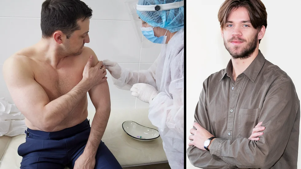 Ukrainas president Volodymyr Zelensky delade en barbröstad bild på sig själv när han fick vaccin. Kommer våra politiker göra samma sak?