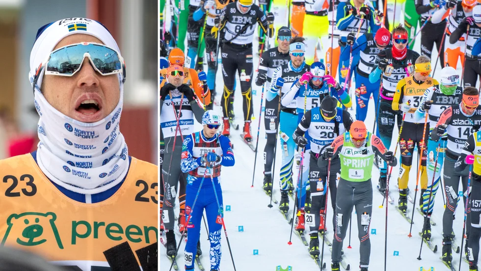 Ingen fullträff för Klas Nilsson, som här syns i starten som trea i raden i mitten.