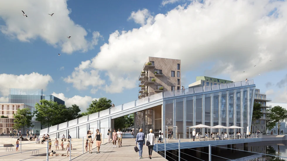 Kajbyggnaden i Inre hamnen är en signalbyggnad, en entré från den nya gång- och cykelbron. Förslaget är att kommunen ska bygga den i egen regi, efter att bolaget där fastighetsägare ingått, nu i sämre tider lämnat tillbaka byggrätten för att koncentrera sig på sina bostadsprojekt.