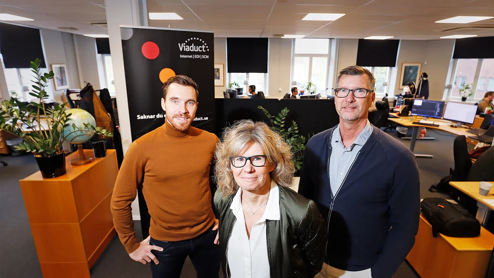 Viaducts vd Ann Nyström tillsammans med marknadschefen Richard Hogestadh och säljaren Michel Wilhelmsson.