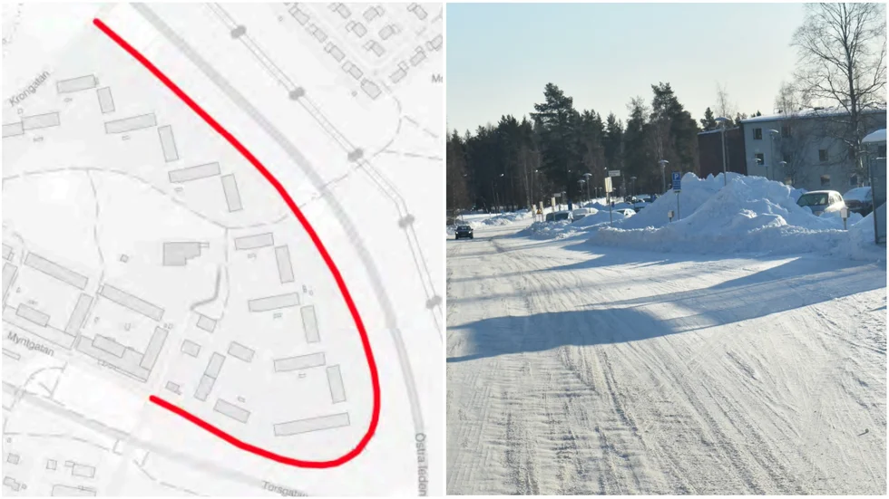 Till vänster syns den sträcka av Myntgatan som berörs, till höger en bild från gatan, då det för tillfället inte fanns några parkerade bilar. 