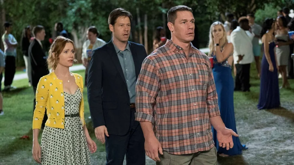 This image released by Universal Pictures shows, from left, Leslie Mann, Ike Barinholtz and John Cena in a scene from "Blockers." (Quantrell D. Colbert/Universal Pictures via AP)