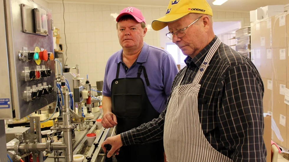 Mats Nilsson äger Edvins senap sedan 1999, och fortsätter tillverka den senap hans pappa Bo Nilsson började med 1962. Kurt Matsson hjälper till med julproduktionen. Foto: Lena Dahlberg