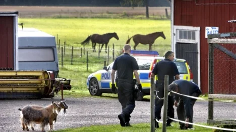 LJUNGSBRO 20090827
Ica i Tjällmo utsattes för ett inbrott på torsdagsmorgonen. Polispatruller med spårhund letar nu efter gärningsmännen i Ljungsbroområdet där också vägspärrar upprättats.
Bilden: Polisen letar runt husen vid 4h-gården.
Bild Jeppe Gustafsson