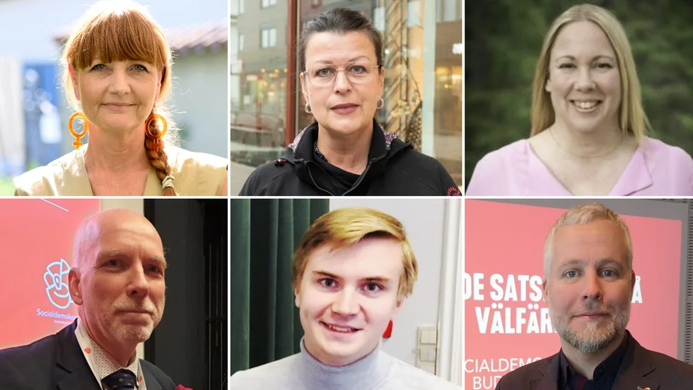 På bilden syns några av dem som ska tala under årets Första maj-arrangemang i Norrbotten - IF Metalls ordförande Marie Nilsson, riksdagsledamoten Zara Leghissa, regionrådet Camilla Friberg, regionstyrelsens ordförande Anders Öberg, SSU Norrbottens ordförande Samuel Pettersson samt riksdagsledamoten Linus Sköld.