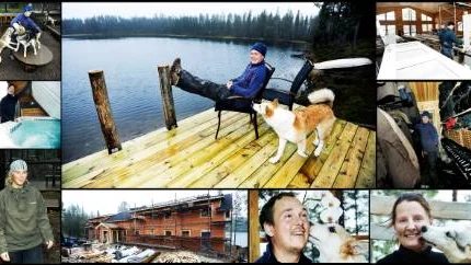 Det är ytterst sällan som Johan Väisänen själv kan sätta sig ner och bara njuta av ron och landskapets skönhet i Särkimukka. Stora bilden visar ett sådant ögonblick. Runt om ses han gosa med hundarna, känna på vattnet i badtunnan och visa den fullständiga äventyrsutrustning som varje gäst har tillgång till. På en bild syns Sara Malmestam och på en annan bild Johans fru Sara Ljunggren nojsande med en hund. De två övriga bilderna visar bygget av det stora nya hotellet.FOTO: Bengt-Åke Persson