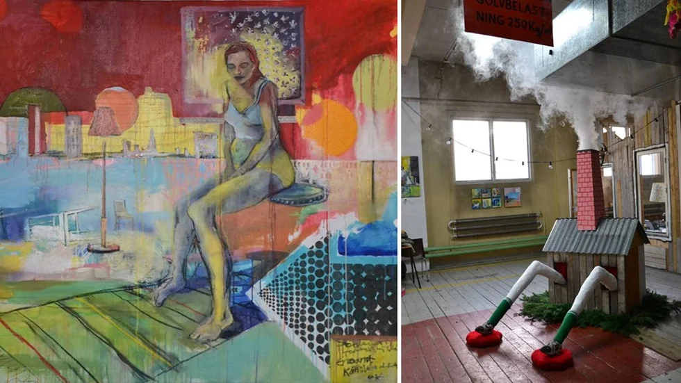 Till vänster: Elin Redin: "En liten bit av något annat". Till höger: Olle Schmidts installation på Kulturhuset Framtiden.